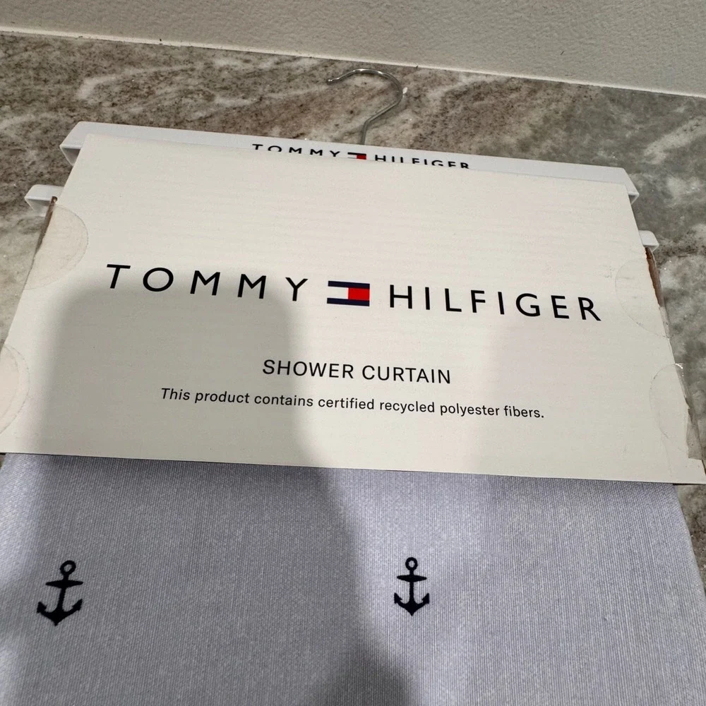 Tommy Hilfiger Shower Curtain Light Blue Nautical Anchor Flag 72x72 NEW